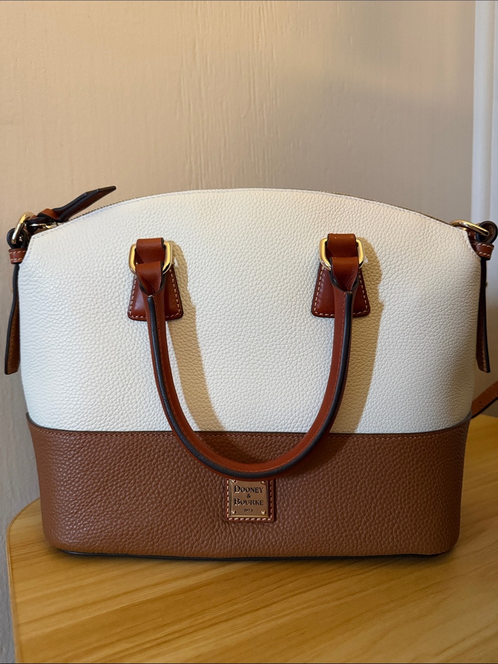 Dooney & Bourke White and Brown Two-Tone Pebbled Leather Satchel
